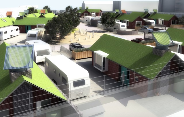 Overview of the proposal with green roofs and photovoltaic 'chimney'