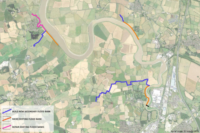 Location of the proposed barrier and the downstream flood defence works.