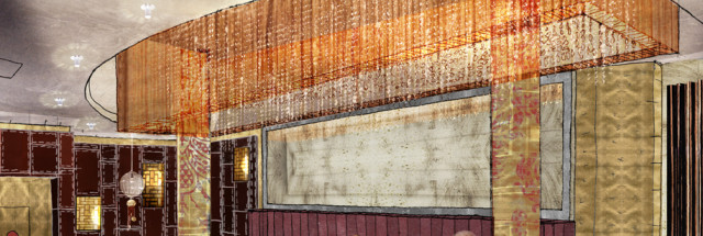 Illustration of opulent materials and bespoke hanging chandeliers