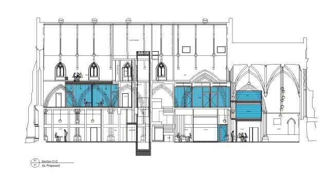 Drawn section illustrating the proposals. Blue identifying the office spaces with the former church building